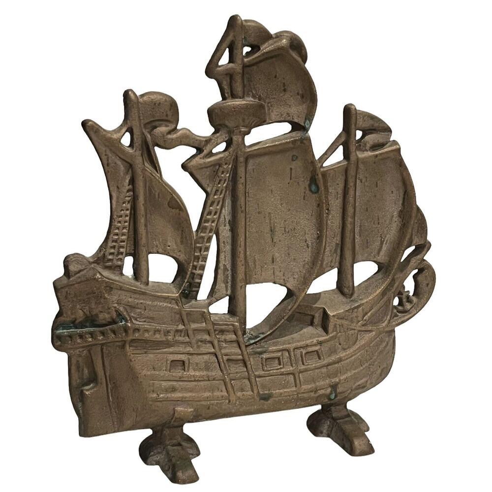 Brass Ship Doorstop Colonial Sail Boat Sculpture Antique 11” Bookend Solid Vtg